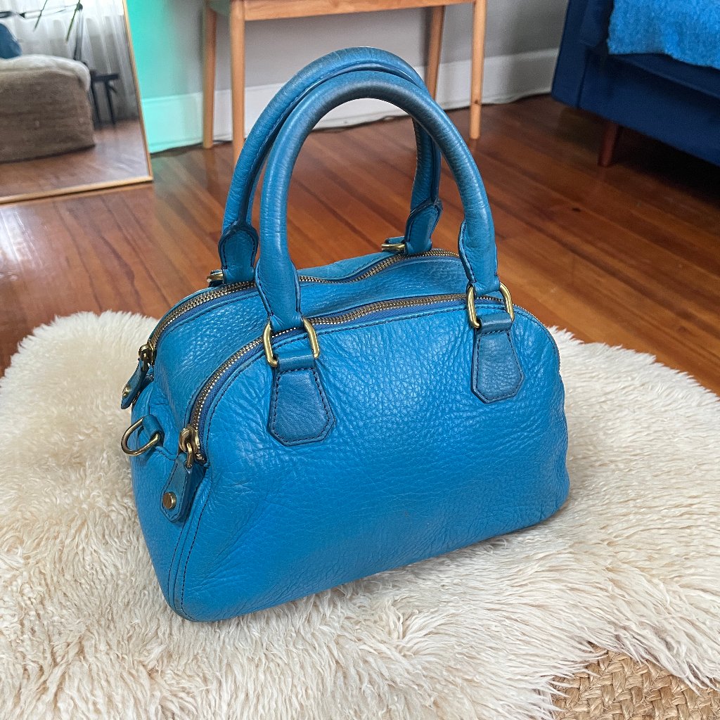 J. Crew Calfskin Leather Biennial Medium Satchel In Blue Grotto W Gold Hardware